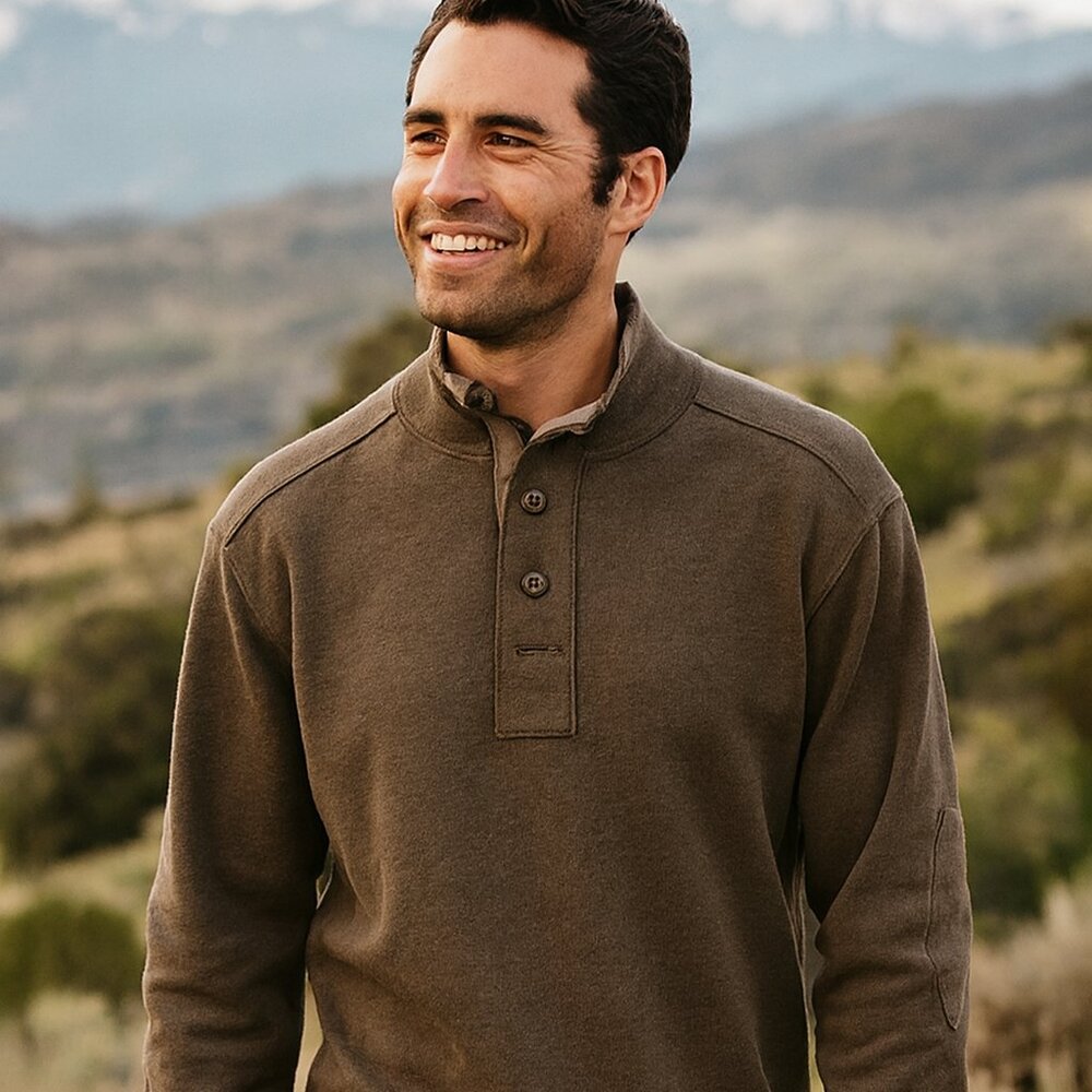 Wolverine Men Brown L Pullover 1/4 Button‎ Fleece Lined Elbow Patch Grandpa Core